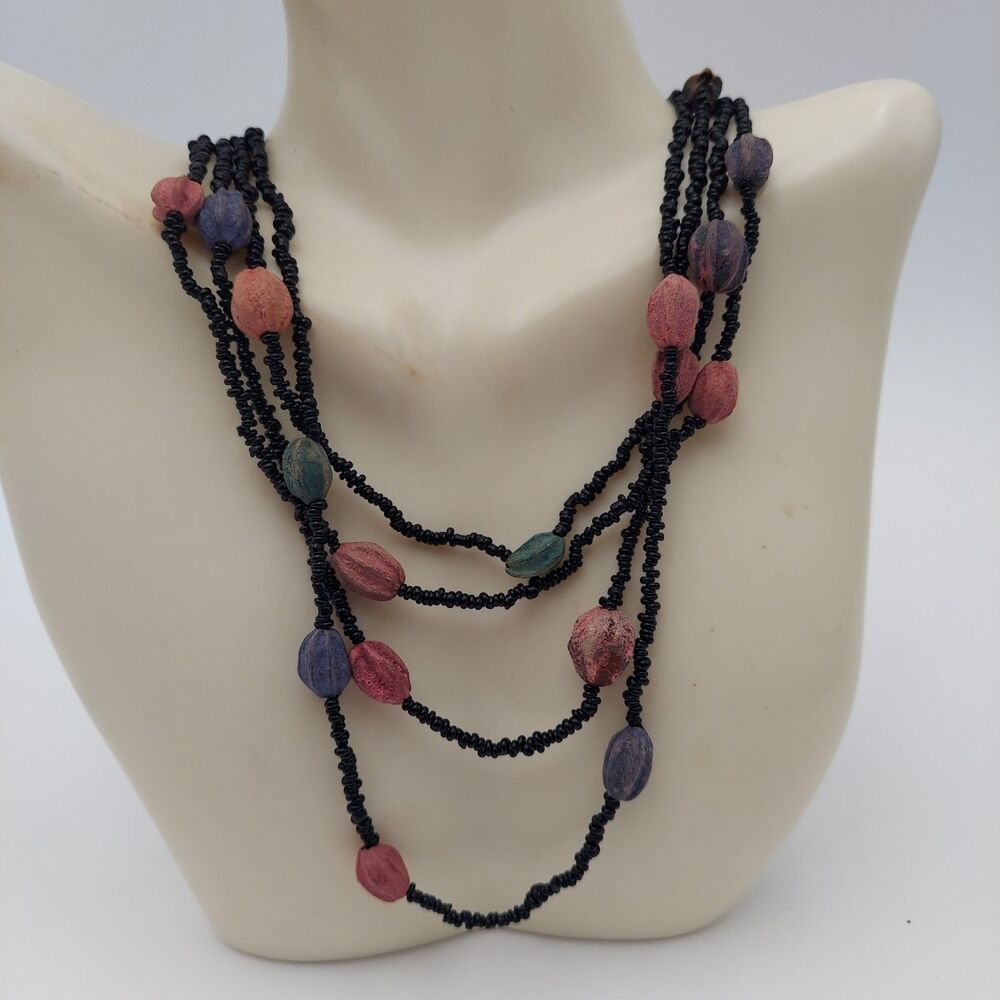 RARE 4-Strands Black Seed Beads Necklace 16"